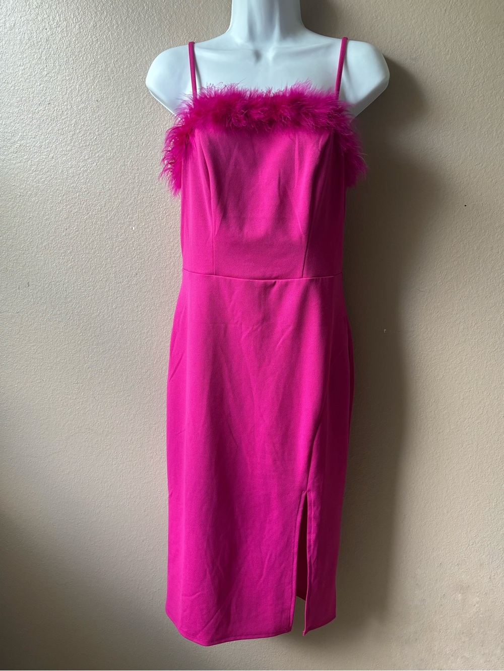 Crystal Sky Fuchsia Feather-Trim Midi Slip Dress